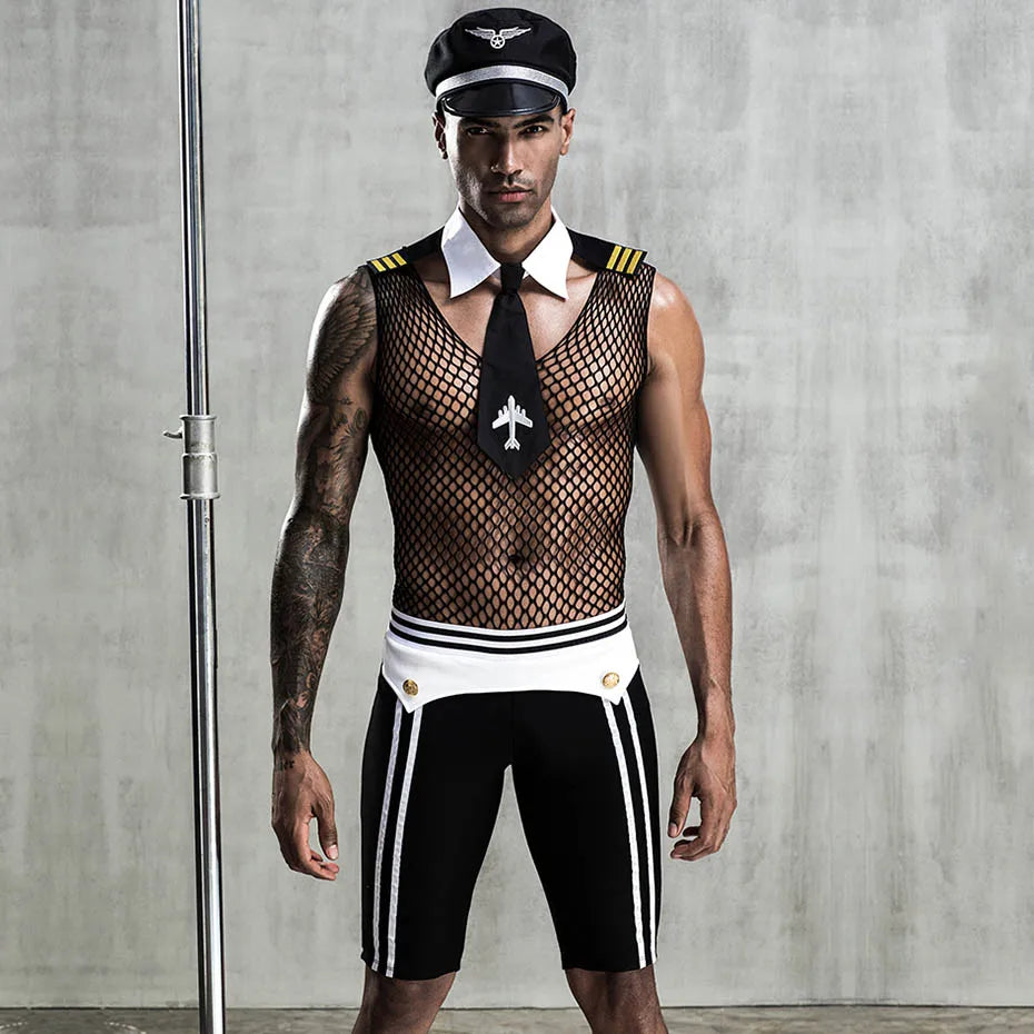 Erotic Mesh Catsuit Pilot Policemen Uniform Lingerie Set