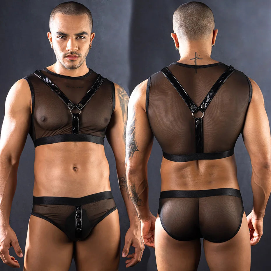 Men Black Leather Bodysuit Set Alluring Lingerie