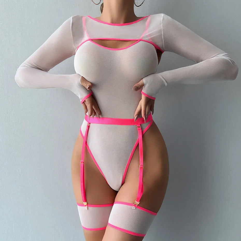 Alluring Transparent Bodysuit Open Crotch Teddy Nightgown