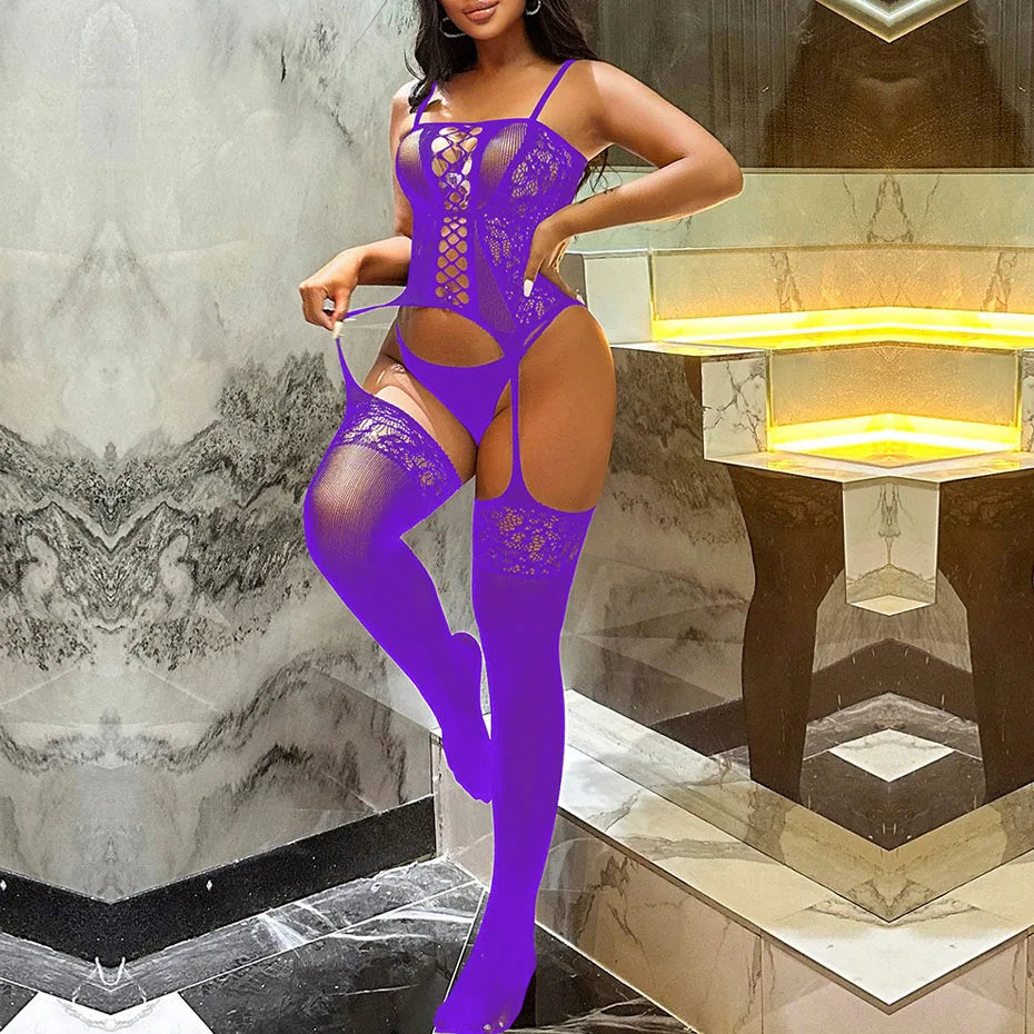 Alluring Fishnet Bodysuit Open Crotch Teddy Stockings