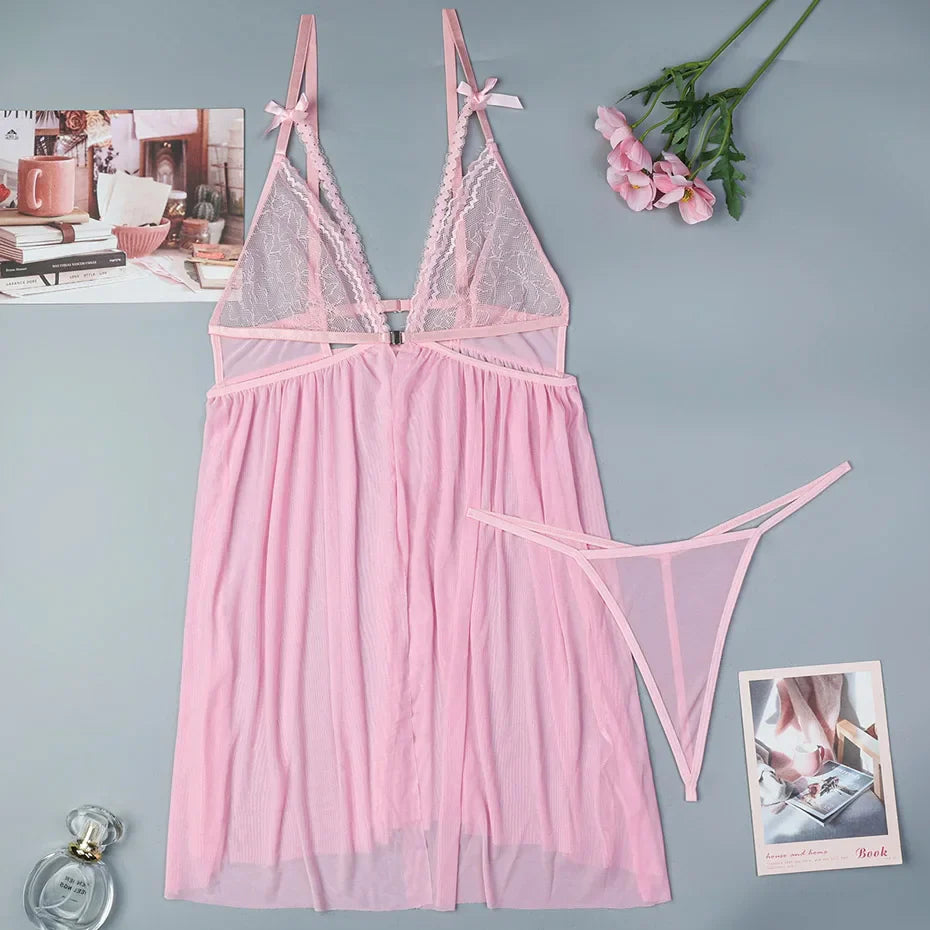 Alluring Lace Babydoll Nightgown Women Transparent Lingerie