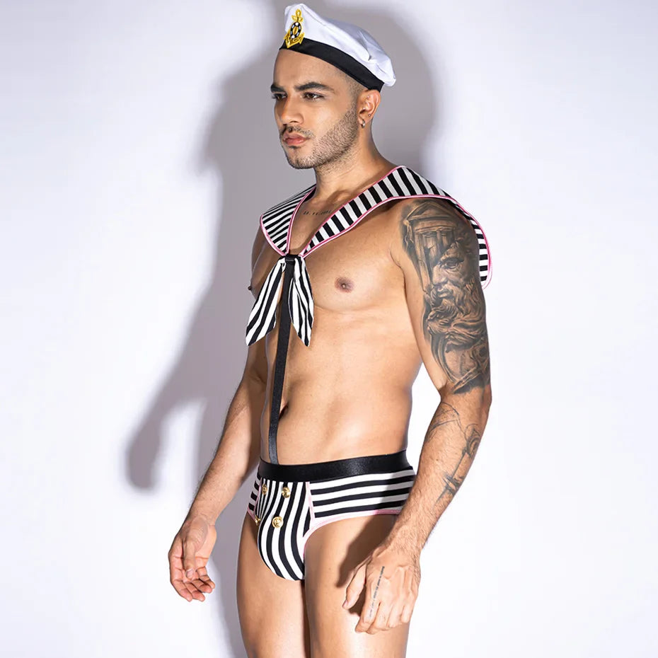 Striped Sailor Cosplay Bodysuit Men Alluring Lingerie