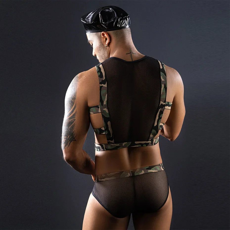 Men Army Cosplay Lingerie Set 4 Pieces Bondage Top & Pants