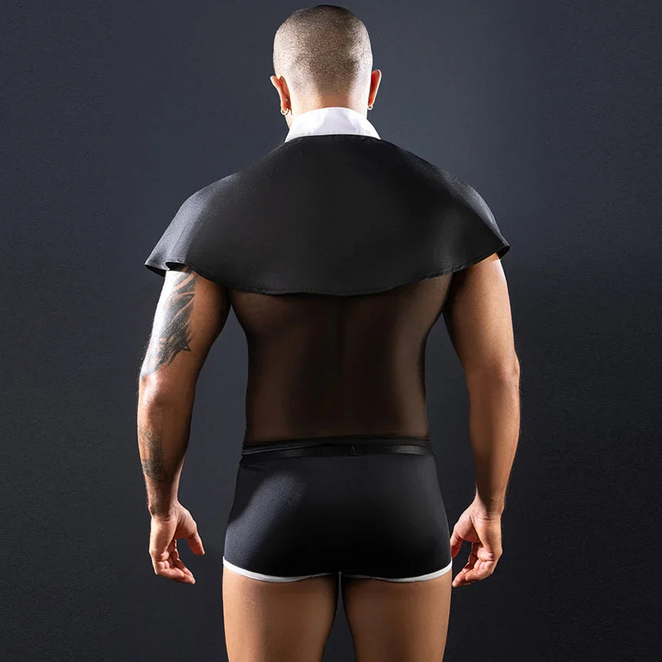 Alluring Priest Cosplay Lingerie Men Black Bodysuit