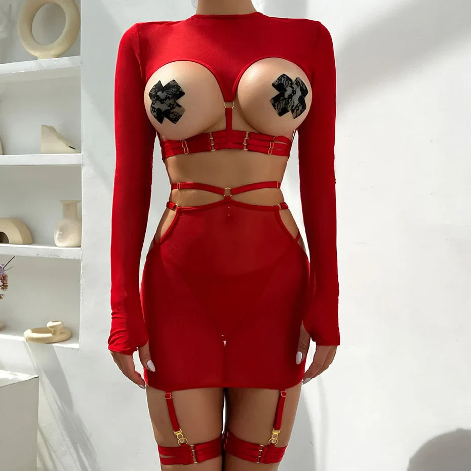 Women Red Thermal Underwear Set Backless Bondage Top & Skirt