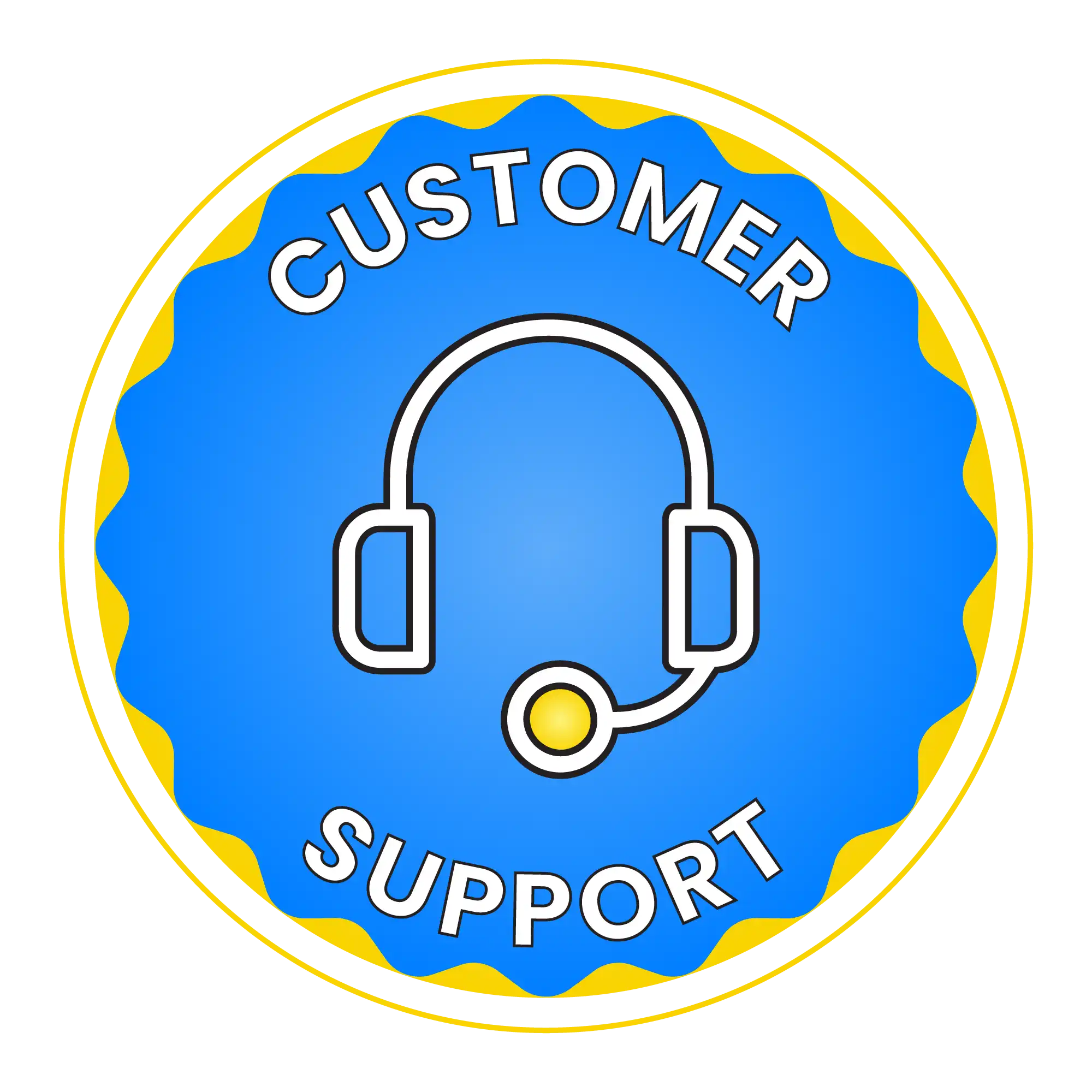 A blue and yellow circular badge showing a headset icon with ’CUSTOMER SUPPORT’ text.